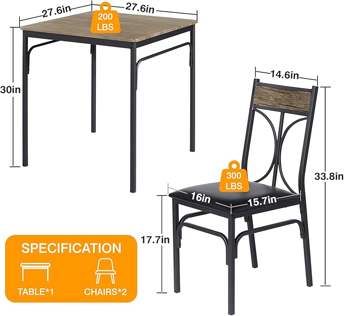 VECELO 3 Piece Dining Table Set for 2, Kitchen Table Set with 2 Chairs for Small Space, Space-Saving and Modern Design, Apartment, Easy to Assemble,Classic Brown