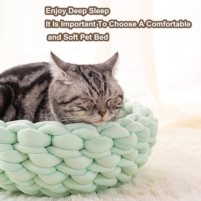 Woven Dog Bed Basket, Knitted Cotton Cat Bed Round Washable Woven Cat Pet Bed Chunky Dog Basket, Orthopedic, Chunky Knit Dog Nest,Dog Bed,Dog Cave,Dog Bedding(Green,19")