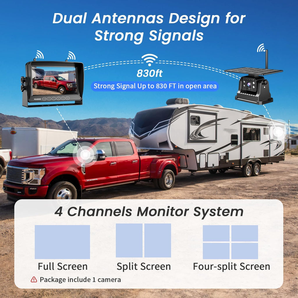 Magnetic Solar Wireless Backup Camera for RV Truck Trailer ??7" 1080P Monitor with Recording, 1-Min Install, No Delay, Wide View, IR Night Vision, 4 Channels, Auto-Sleep Rechargeable Rearview Camera