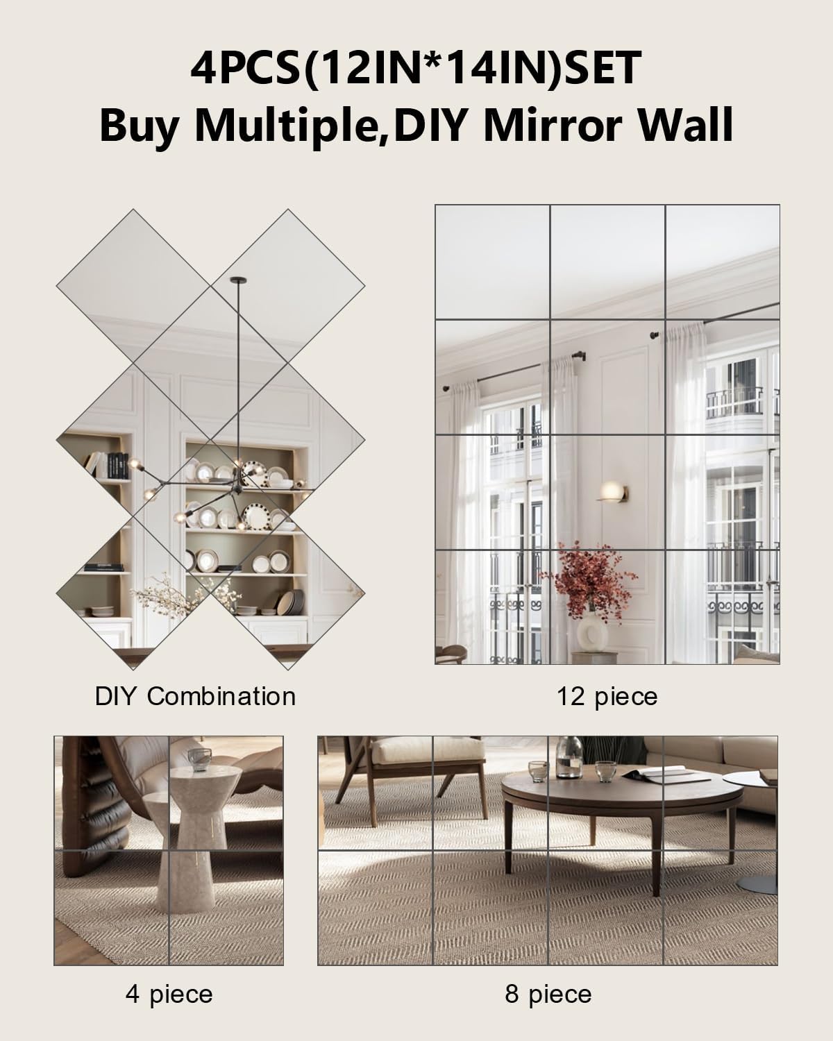Full Length Wall Mirror Tiles, 12'' x 14'' x 4PCS, Acrylic Unbreakable Full Body Mirror for Bedroom Squares Shatterproof Mirror Sheets Wall Mounted for Home Gym Door