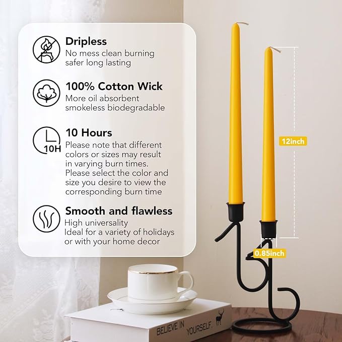 New Burning Formula Unscented Dripless 12-Inch Taper Candles Set of 12 - Lemon, for Wedding, Dinner - Smokeless, Long Burning - Hand Poured, Colored Tall Candlesticks - Limón