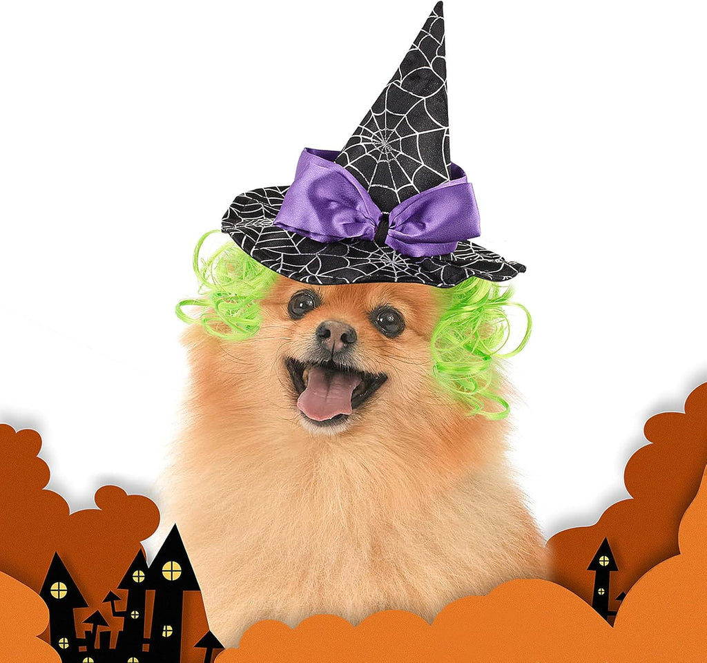 Enjoying Pet Halloween Costumes for Cats Small Dogs, Cat Witch Hat with Funny Wig, Adjustable Doggie Witch Hat Outfit, Kitten Halloween Sorcery Hat Cosplay
