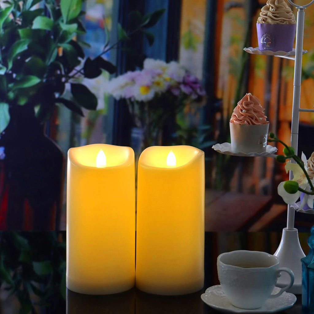 CANDLE CHOICE Waterproof Outdoor Battery Operated Flameless Candles with Timer Flickering Plastic Resin Electric LED Pillar Lights for Lantern Patio Garden Wedding Party Decorations 3x6 Inches 2 Pack