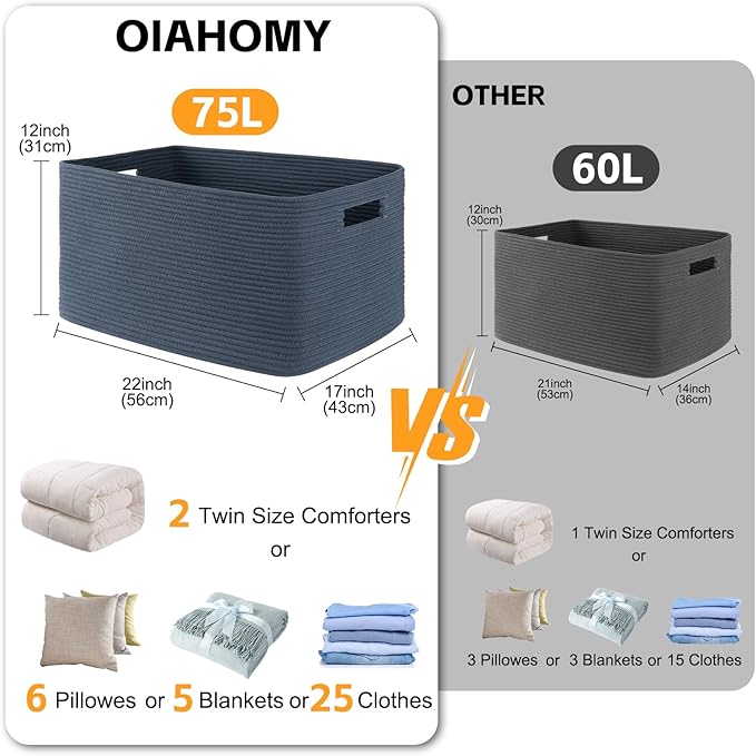 OIAHOMY 75L Large Blanket Basket, Woven Storage Basket with Handle, Cotton Rope Basket 22”x17”x12”,Blanket Basket Living Room, Toy Basket for Nursery, Blue