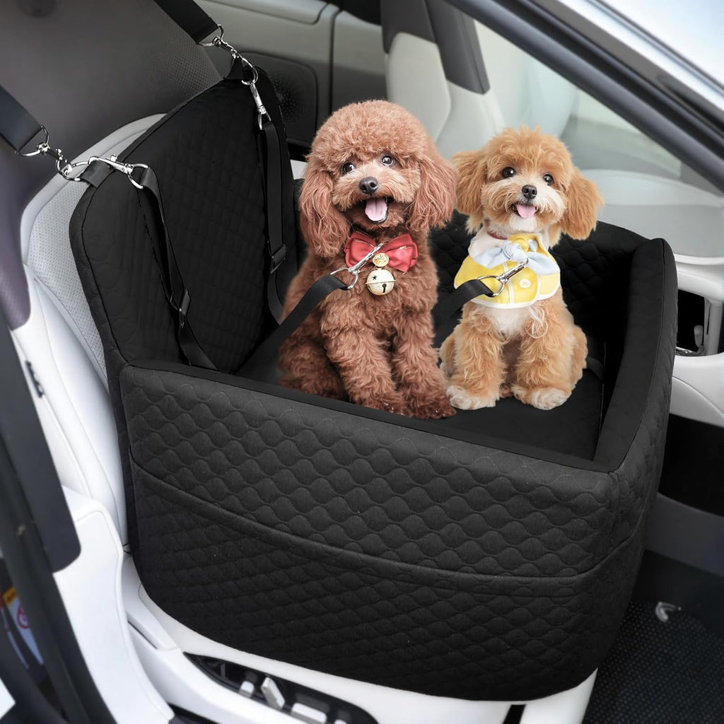 Dog Car Seat for Small & Medium Dogs Under 35lbs, Detachable & Washable Pet Car Seat, Interior Height 6 Inches Pet Travel Bed with Storage Pockets and 2 Dog Safety Belts (Black)