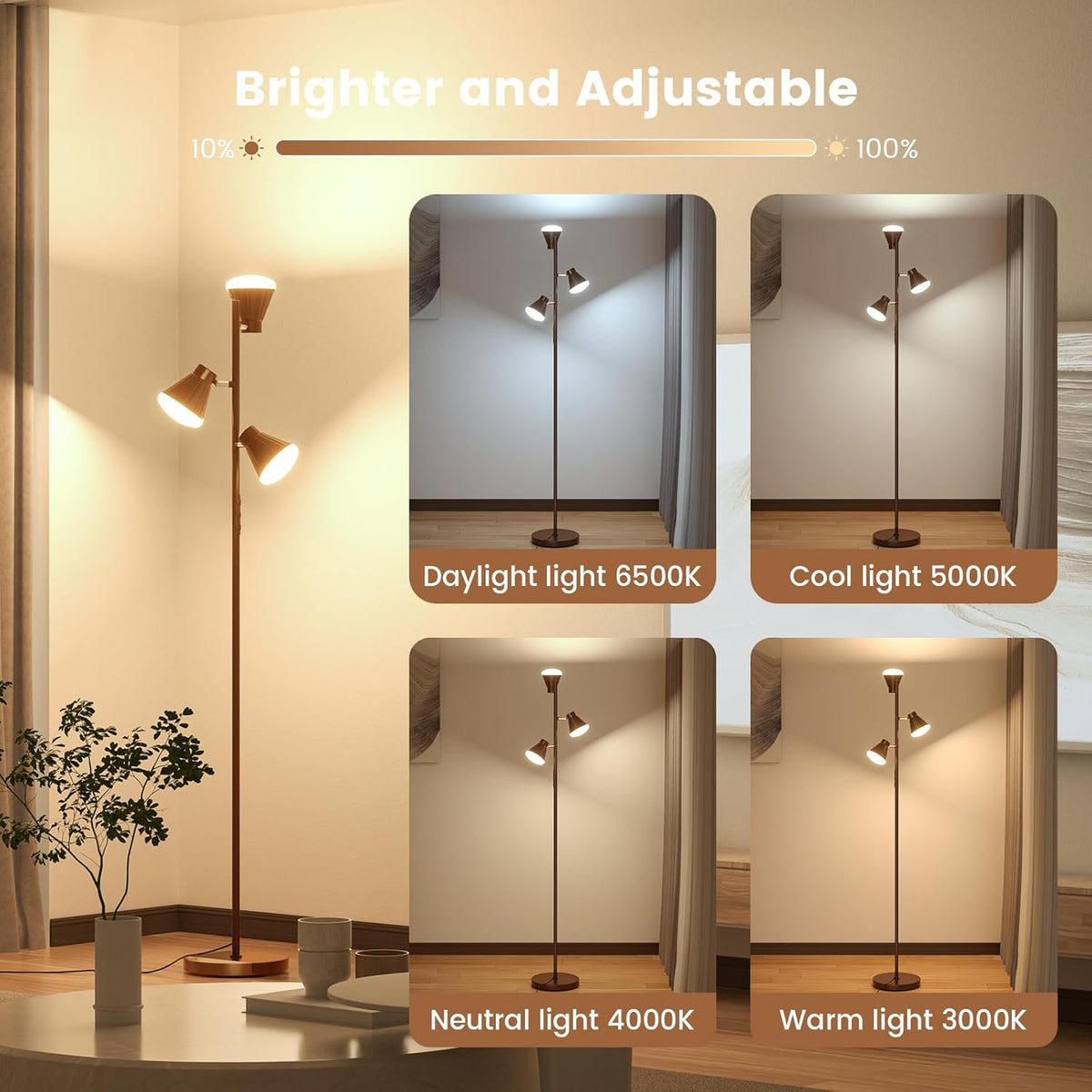 36W LED Tree Floor Lamp, Dimmable Tall Standing Lamp with Remote & Touch Control, 4 Color Temperatures Bright Floor Lamp, 3 Rotatable Light Modern Floor Lamps (Brown)