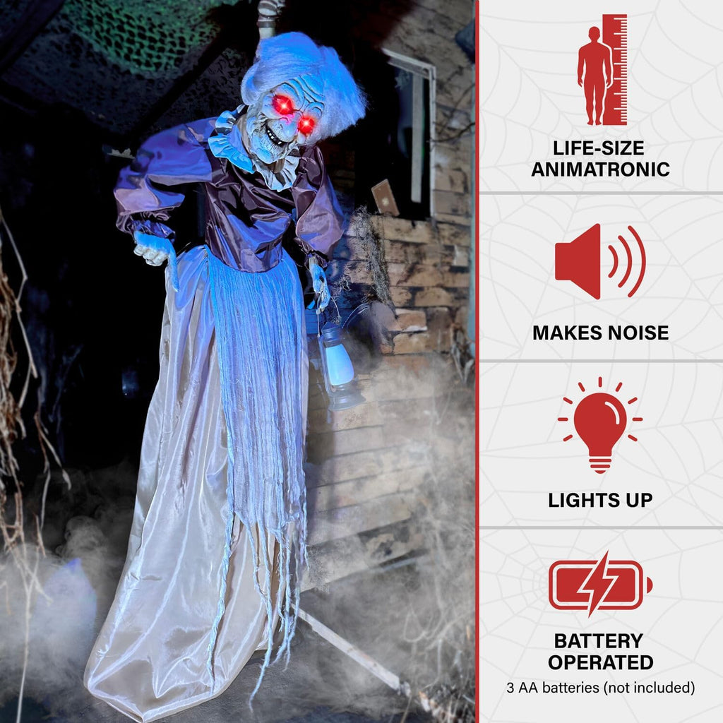 Haunted Hill Farm Lifesize Animatronic Scary Old Lady Zombie with Motion Activated Lights and Sound, Battery-Operated Indoor or Covered Outdoor Halloween Decoration