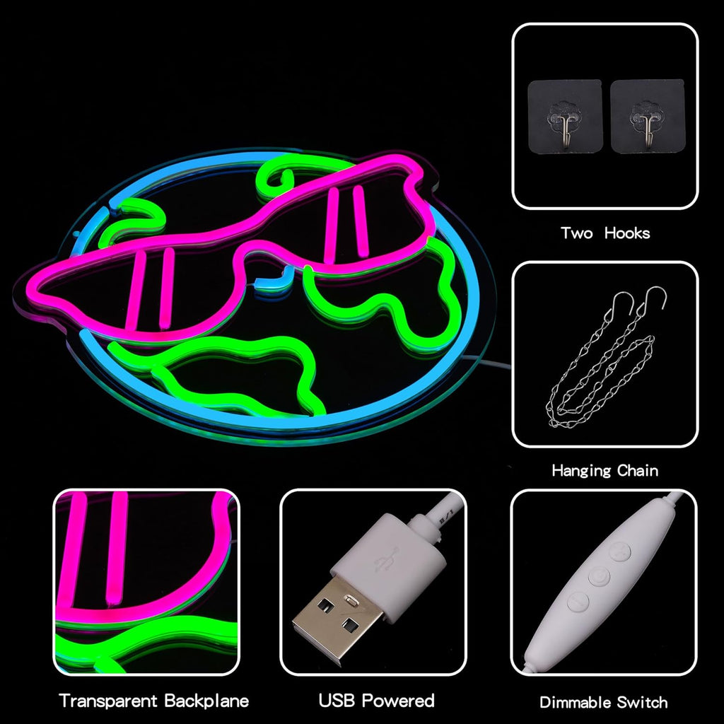 Earth Neon Sign Sunglasses Neon Light for Wall Decor Planet Neon Light Colorful LED Neon sign USB Powered LED Light Up Sign for Bedroom Kids Room Classroom Decoration