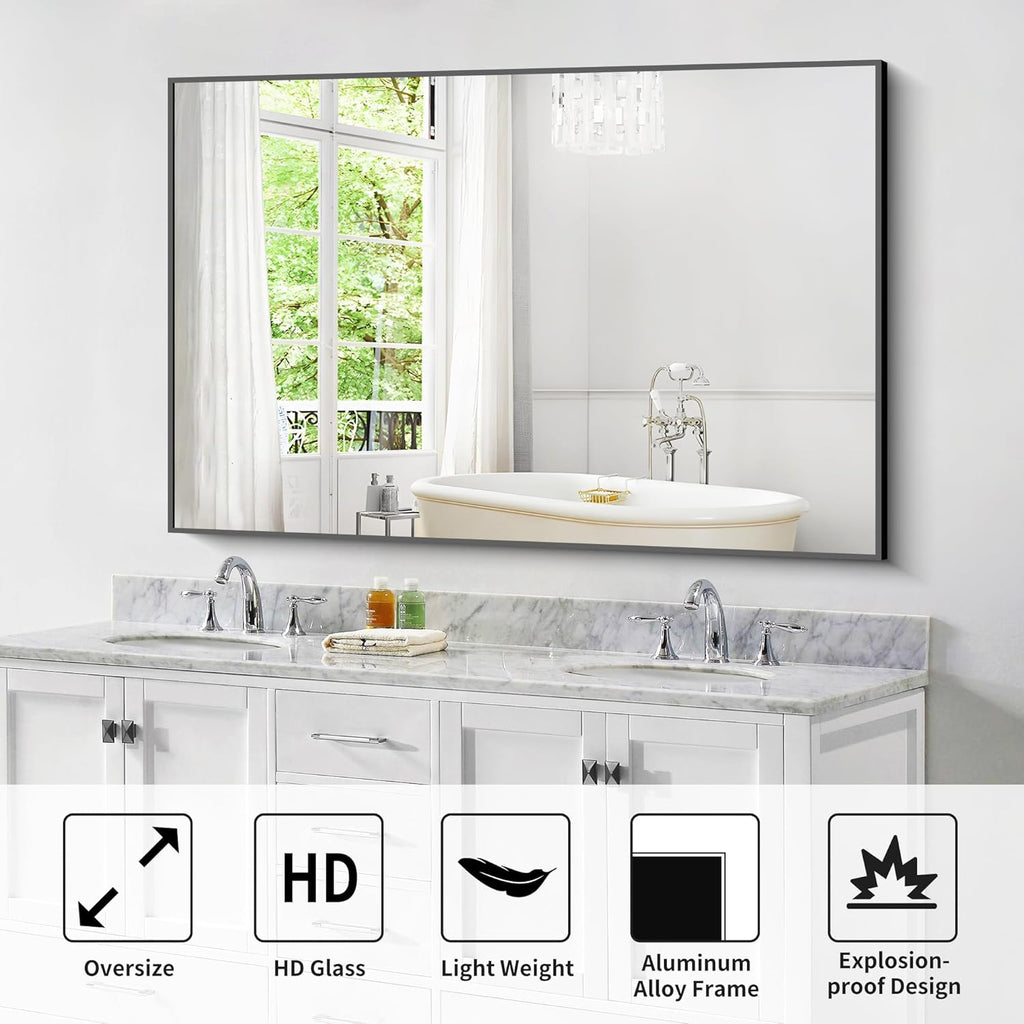 Bathroom Black Mirror, 36x55in Black Rectangle Mirror with Thin Metal Frame, Large Rectangular Wall Mirror for Bathroom, Living Room, Hair Salon, Big Farmhouse Mirror Hang Horizontal/Vertical