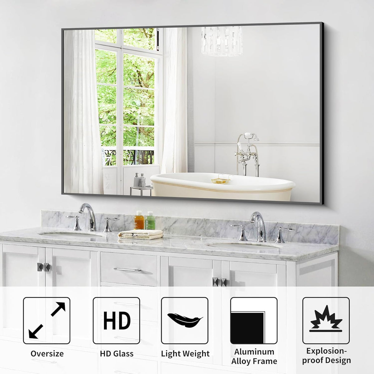 Bathroom Black Mirror, 36x55in Black Rectangle Mirror with Thin Metal Frame, Large Rectangular Wall Mirror for Bathroom, Living Room, Hair Salon, Big Farmhouse Mirror Hang Horizontal/Vertical