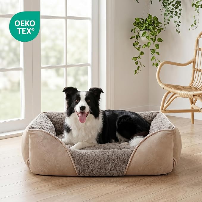 Large Rectangle Orthopedic Dog Bed for Medium Small Dogs, Washable Soft Calming Puppy Sleeping Cuddler With Anti-Slip Bottom L(30"x24"x9")