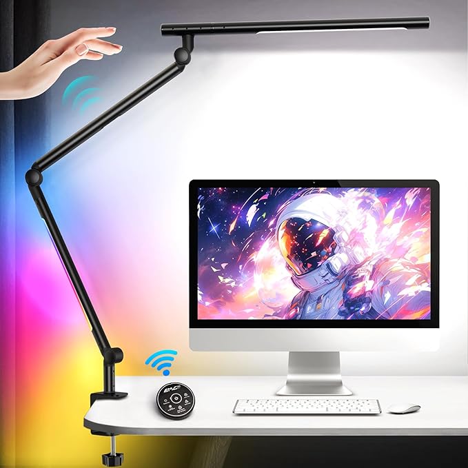Pak LED Desk Lamp with Clamp, 18W Dual Light Architect Desk Light, Adjustable Swing Arm RGB Light Sensor Switch, Eye-Caring 4 Modes Stepless Dimming Table Lamp for Home Office Reading Study Gaming