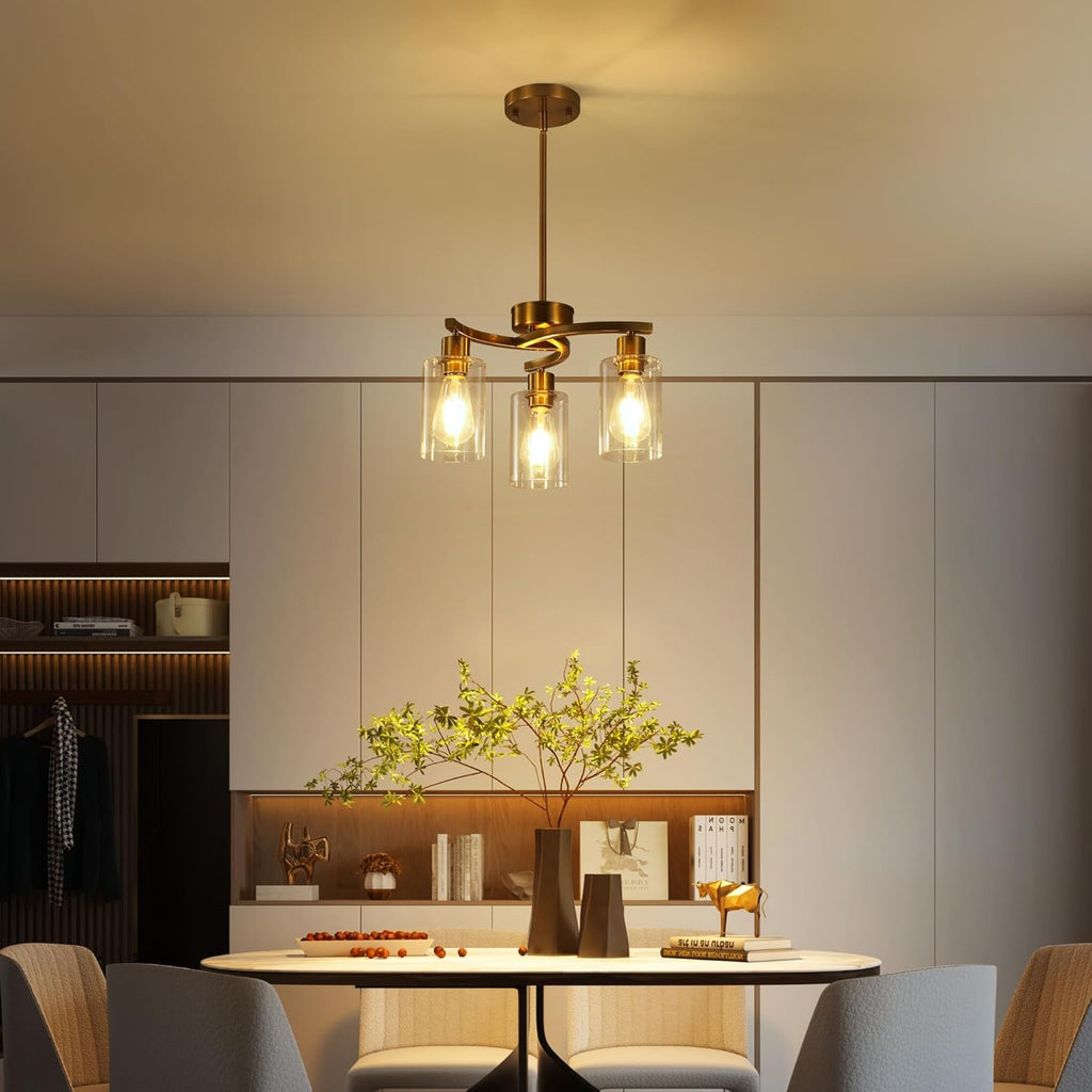 3-Light Gold Dining Room Chandeliers Over Table, Contemporary Kitchen Island Pendant Lighting, Industrial Hanging Light Fixture for Entryway Hallway Foyer Bedroom, Clear Glass Shade