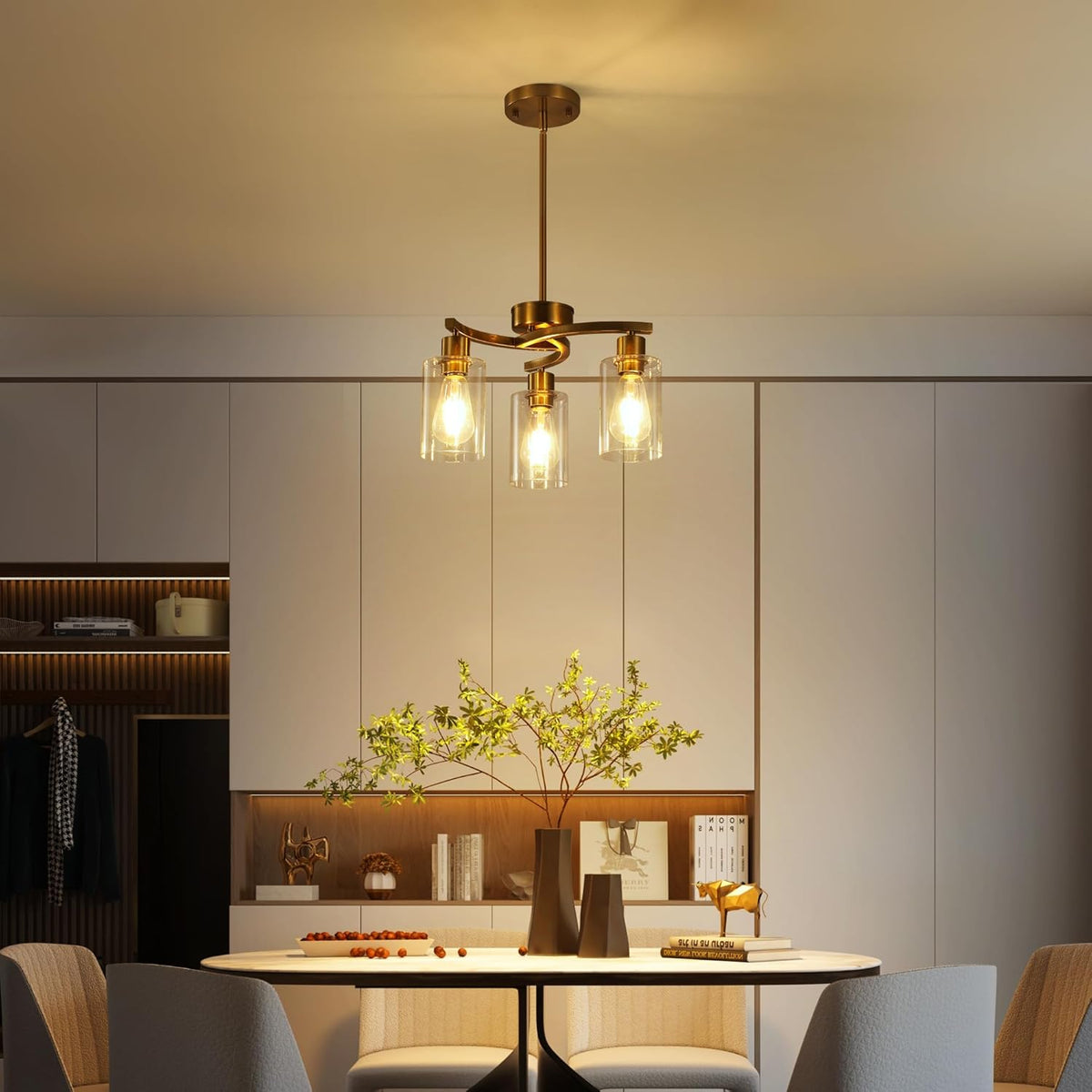 3-Light Gold Dining Room Chandeliers Over Table, Contemporary Kitchen Island Pendant Lighting, Industrial Hanging Light Fixture for Entryway Hallway Foyer Bedroom, Clear Glass Shade
