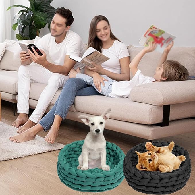 Woven Dog Bed Basket, Knitted Cotton Cat Bed Round Washable Woven Cat Pet Bed Chunky Dog Basket, Orthopedic, Chunky Knit Dog Nest,Dog Bed,Dog Cave,Dog Bedding(Yellow,21")