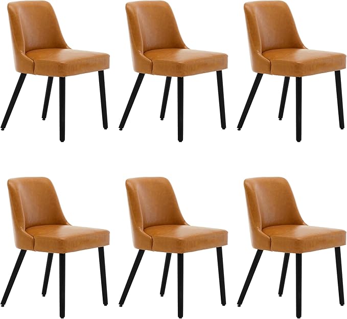 MINCETA Dining Chair,Morden Wood Leg Upholstered Kitchen Chair Set of 6,PU in Brown