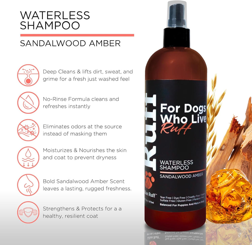 Ruff by Lillian Ruff No-Rinse Waterless Dog Shampoo Spray | Sandalwood Amber | Pet Deodorizer | for Cleaning, Conditioning, Detangling & Moisturizing Dogs & Cats | Safe for Puppies | USA Made