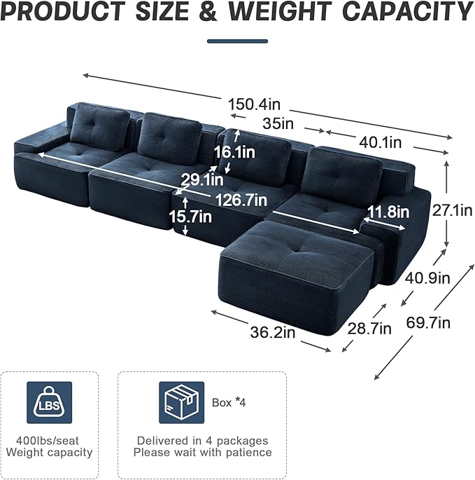 150" Modern Corduroy Cloud Sofa with Ottoman, L Shaped Boneless Modular Large Sectional Couches for Living Room, Blue 4 Seater Compressed Memory Foam Couch, Extra Deep Seat, No Assembly