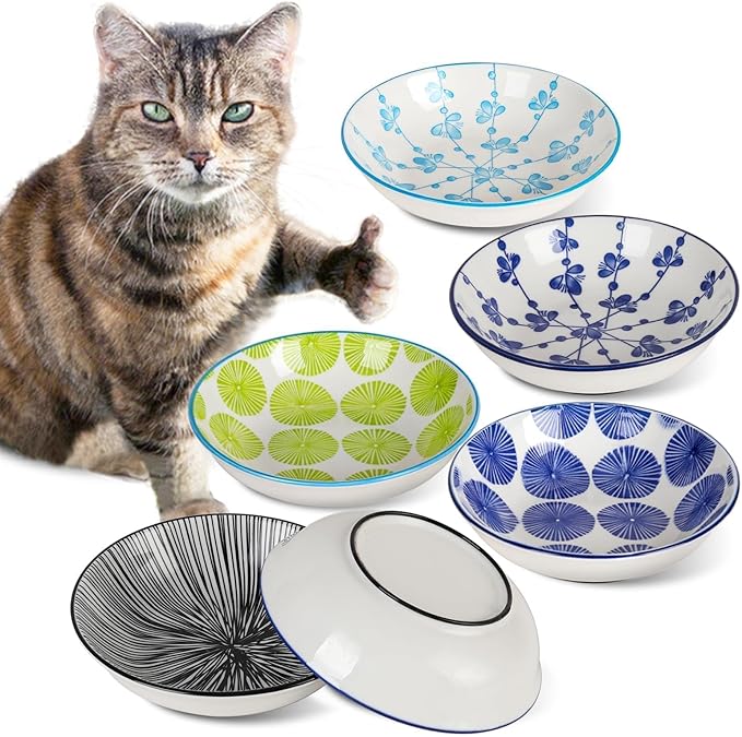 Ceramic Cat Bowls with Non-Slip Silicone Bottom,Prevent Whisker Fatigue,Reduce Mess,Wide Cat Bowls for Indoor Cats,6 Colorful Set for Daily Feeding Gift Choice