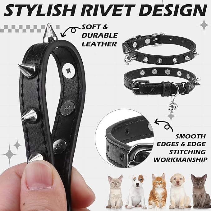 EXPAWLORER Leather Cat Collar for Girl Boy- Adjustable Pet Collar with Safety Elastic Belt,Personalized Punk Accessories Buckle Collars with Bell & Durable D-Ring,Pure Rivets(Black)