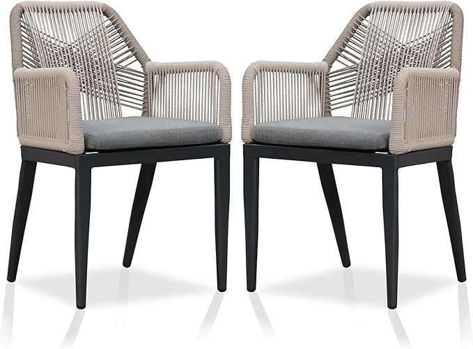 PURPLE LEAF Patio Dining Chair Set 2 Pieces Metal Modern Furniture Seating for Garden Kitchen Porch Outdoor Rattan Dining Chairs with Armrests and Cushions, Dark Grey