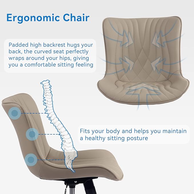 YOUNIKE Office Chair, Desk Chair with Wheels, Home Office Computer Task Chairs, Modern Faux Leather Padded Vanity Chair, Adjustable Swivel Armless Office Chairs with Back, Khaki