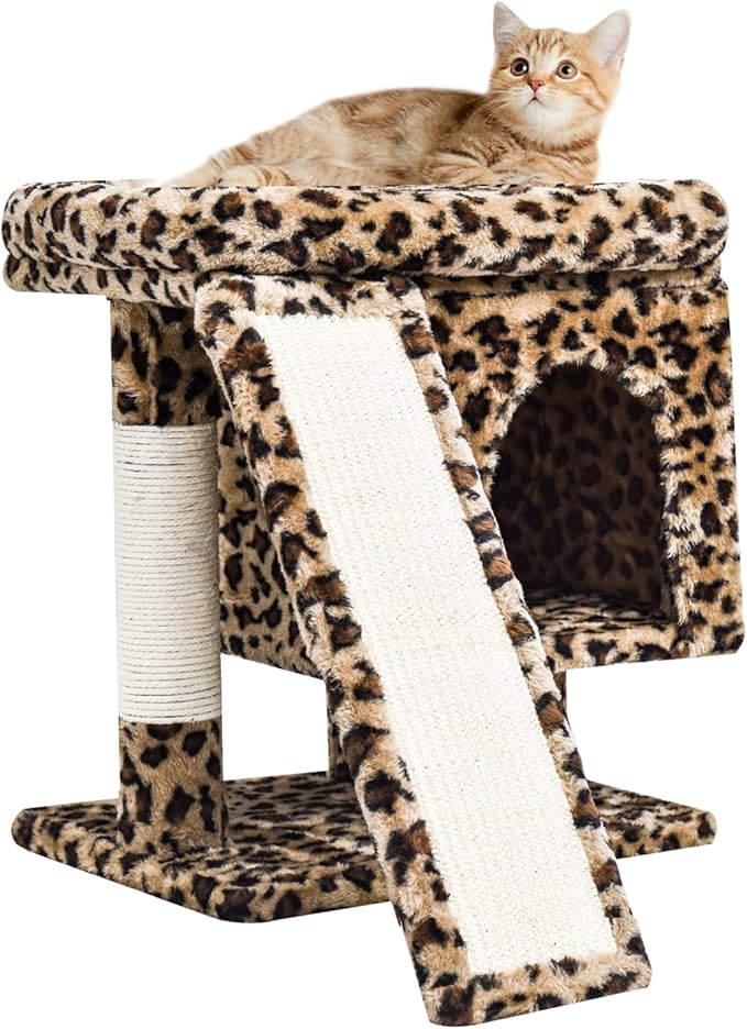 SYANDLVY Small Leopard Print Cat Tree with Perch for Indoor Cats, Cat Tower with Scratching Post, Modern Activity House for Large Cats, Condo with Board, Kittens Cave