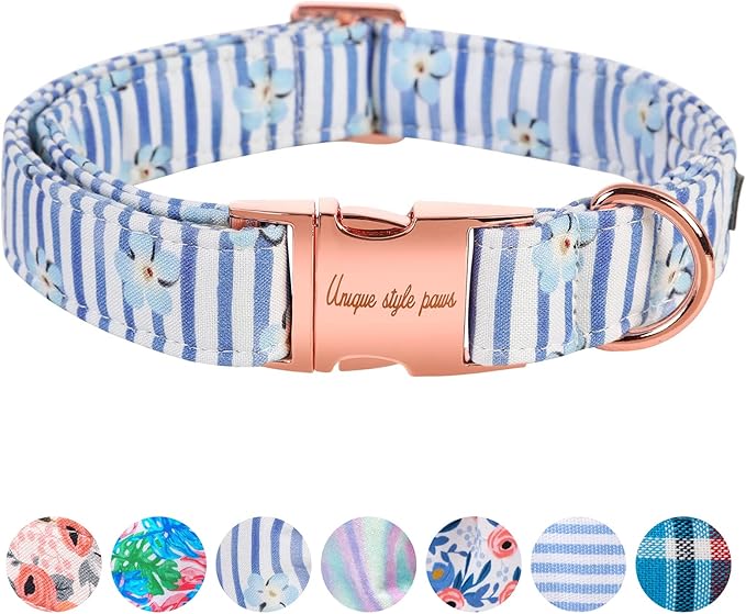 Unique style paws Dog Collar Metal Buckle Blue Striped Flower Collar Gift Durable Cute Collar for Small Medium Large Boys Girls Dogs