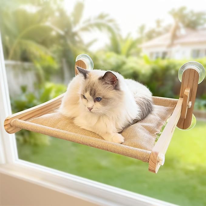 Foldable Cat Window Perch - Natural Pine Cat Sill Seat, 50LBS Heavy Duty Cordless Design, Space-Saving No-Scratch Window Hammock for Indoor Cats
