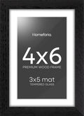 Homeforia 4x6 Picture Frame Black Wood, High End Oak 4by6 Black Wooden Frames with Mat 3x5 Print, 4 x 6 Frame Matted to 3 x 5 inch Photo, 6x4 Wall or Tabletop Frame, Tempered Glass, Wall Kit, Set of 1