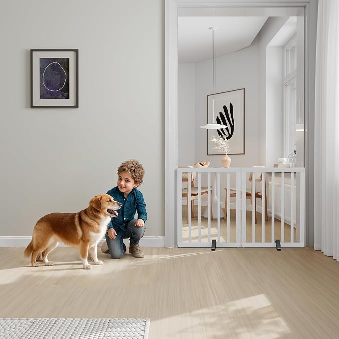 Semiocthome Bamboo Dog Gates Indoor 2-Panel Freestanding Puppy Gates for The House with 2 Metal Stands 24" H Folding Wood Pet Gate for Stairs Doorway, Fully Assembled Safety Fence - White