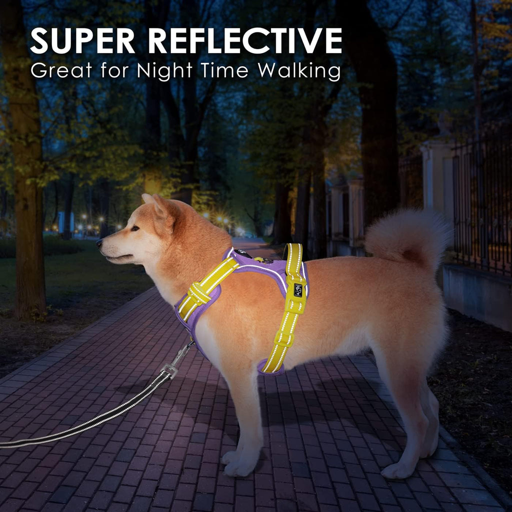 PHOEPET No Pull Dog Harness, Unique Colors Reflective Adjustable Dog Vest, with Soft Training Handle Metal Clips for Small Medium Large Dogs (Baby Purple Base & Yellow Straps,XL)