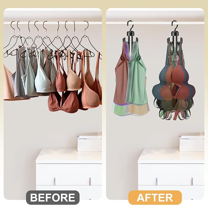 3Pcs Tank Top Hanger, Rotatable Bra Hangers for Closet Organizer, Max 72 Storage Capacity Belt Hanger, Plastic Space Saving Closet Organizers Apartment Dorm Essentials for Bra (3, Black)