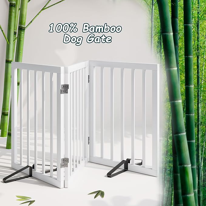 Semiocthome Bamboo Freestanding Dog Gates for Doorways,3-Panel Indoor Puppy Gates for the House with 2 Metal Stands,24"H Folding Pet Gate for Stairs Expands Up to 55"W Fully Assembled Stair Gate White