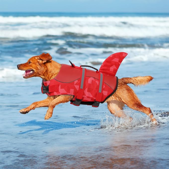 Shark Dog Life Jacket, LifeVests for Boating, High Buoyant Dog Life Vest for Swimming, Adjustable Easy On Pet Jackets for Small, Medium, Large Dogs (Red Triangle,XXL)