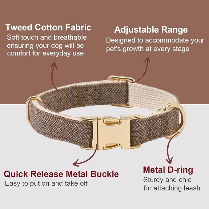 Soft Cotton Hemp Dog Collar with Metal Buckle Adjustable Tweed Dog Collars for Small Medium Large Dogs(Coffee,Medium)