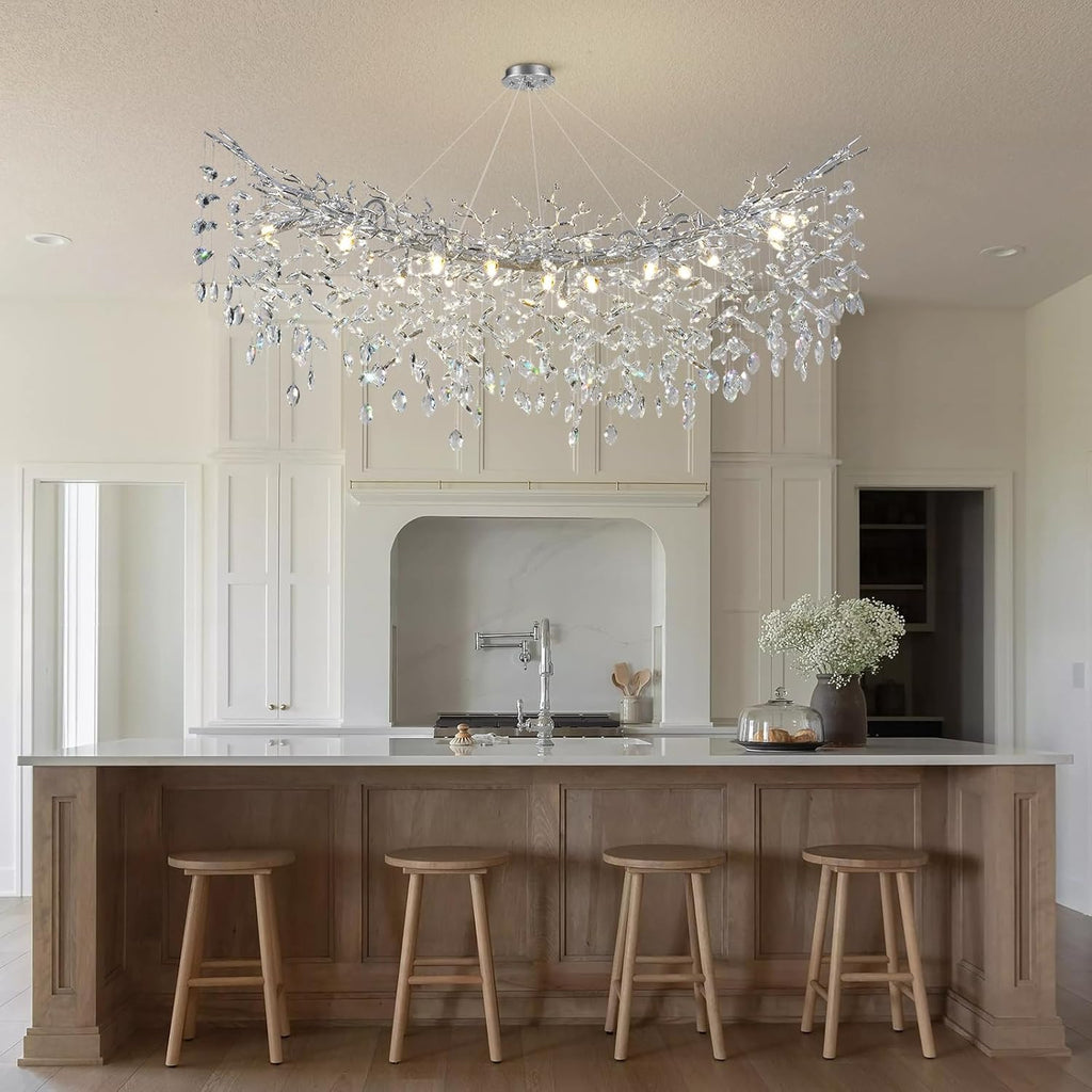 Modern Crystal Silver Chandelier, 55" Large Rectangular Oval Tree Branch Crystal Chandeliers for Dining Room,16-Light Flush Mount K9 Crystal Chandeliers, for Kitchen Island,Dining Room