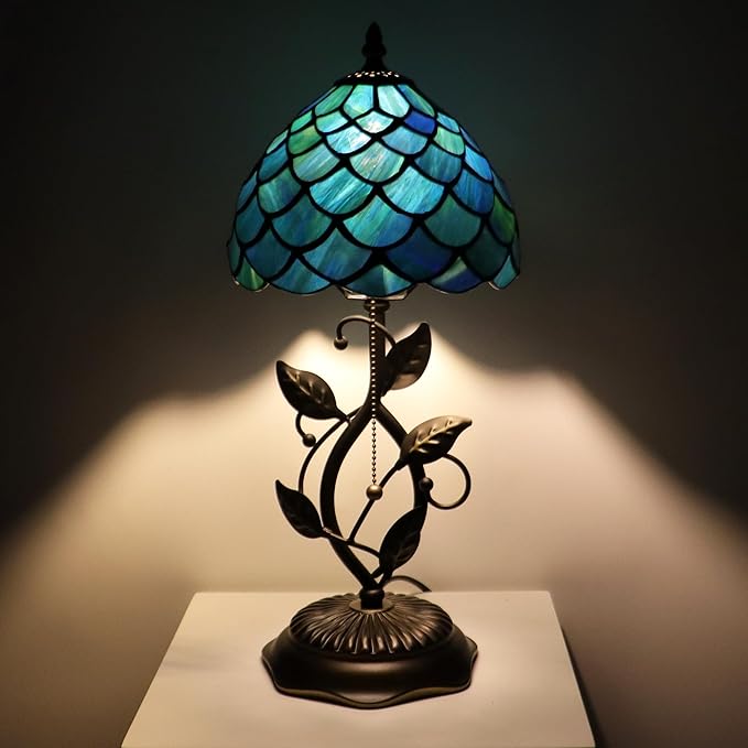 Small Tiffany Lamp Sea Blue Fish Scale Style Stained Glass Table Lamps Desk Bedside Reading Light 8X8X18 Inches with Bronze Metal Leaf Resin Base