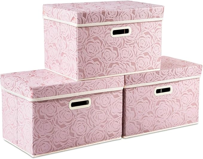 PRANDOM Collapsible Storage Boxes with Lids Fabric Decorative Storage Bins Cubes Organizer Containers Baskets with Cover Handles Divider for Bedroom Closet Living Room 14.9x9.8x9.8 Inch 3 Pack