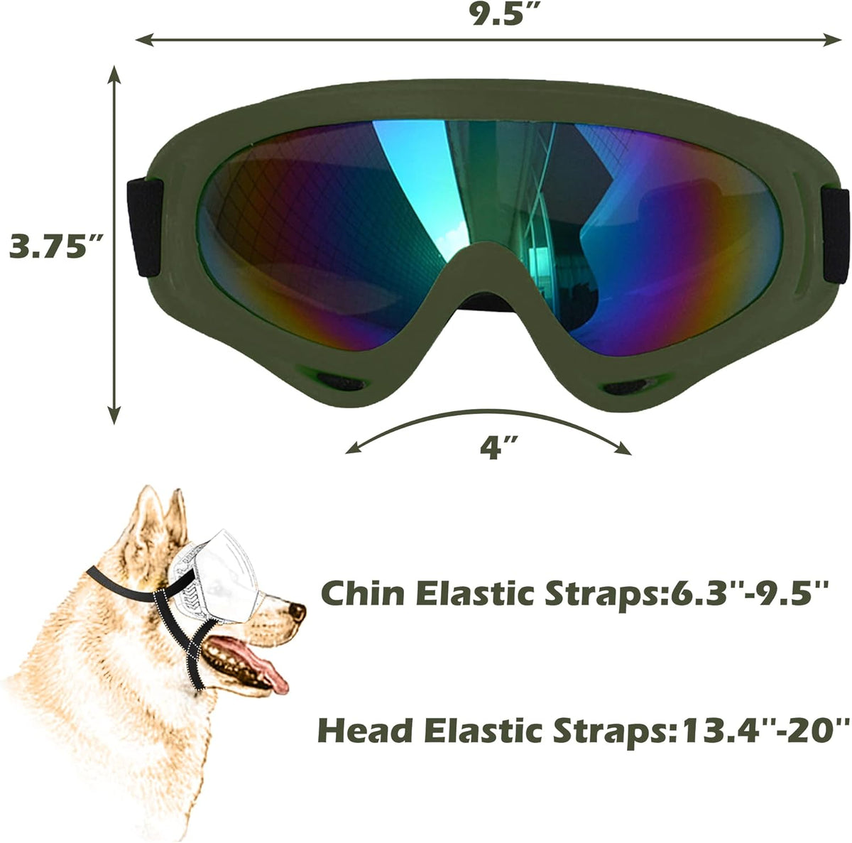 Large Dog Sunglasses with Adjustable Strap UV Protection, Suitable for Medium-Large Dogs, Soft Goggles (Army Green Frame)