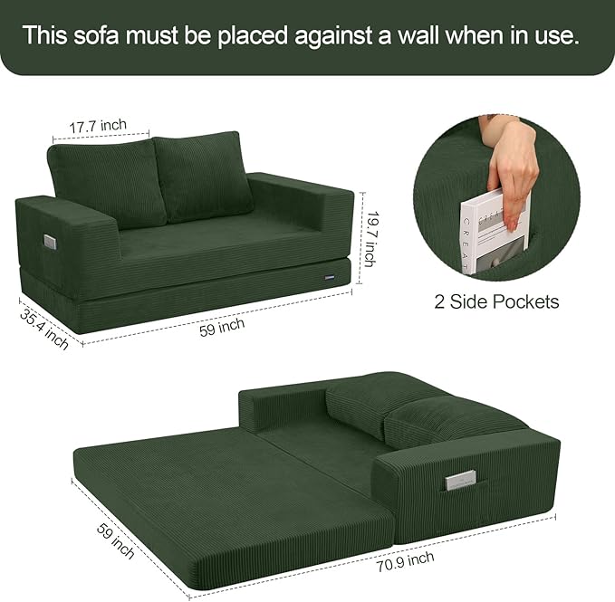 COMAX Convertible Sofa Bed Queen, Folding Fold Out Couch Bed, Floor Futon Couch Corduroy Sleeper Mattress with Back Pillows, Boneless Sofa Comfy Lounge Loveseat for Living Room Bedroom, Green