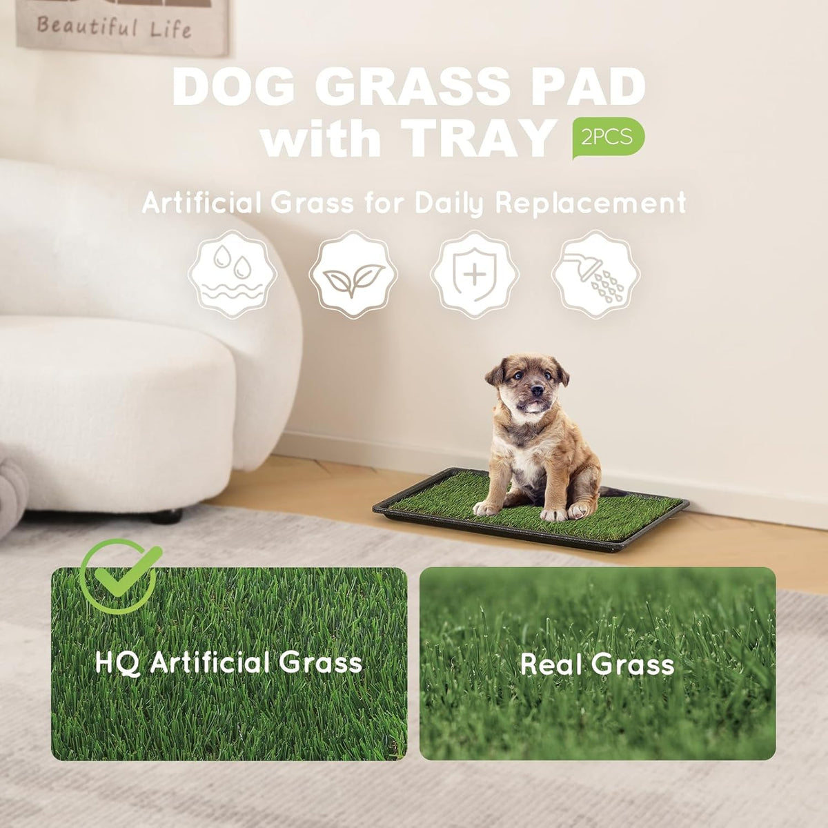 HQ4us Dog Grass Pad with Tray Small 23" x 16" Dog Litter Box Toilet for Puppy (No Grate) with 2×Artificial Grass for Dogs with Hemmed Edge, Pee Pads for Dogs, Realistic, Less Stink, Potty for Balcony