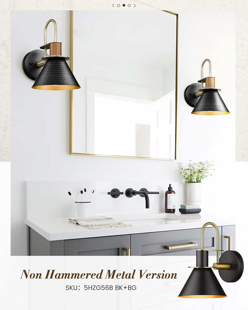 Modern Wall Sconces Set of Two, HWH Industrial Sconce Wall Lighting Indoor Wall Lamp, Gooseneck 1-Light Barn Vanity Light, Hammered Metal Shade, Black and Gold Finish, 5HZG74B-2 BK+BG