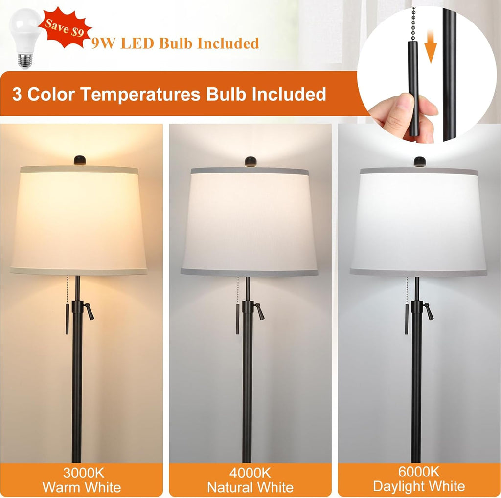 Black Floor Lamps for Living Room Adjustable Height Standing Lamp Modern Tall Pole Lamps for Bedroom Office with White Linen Shade 3 Color Temperature 9W LED Bulb Included