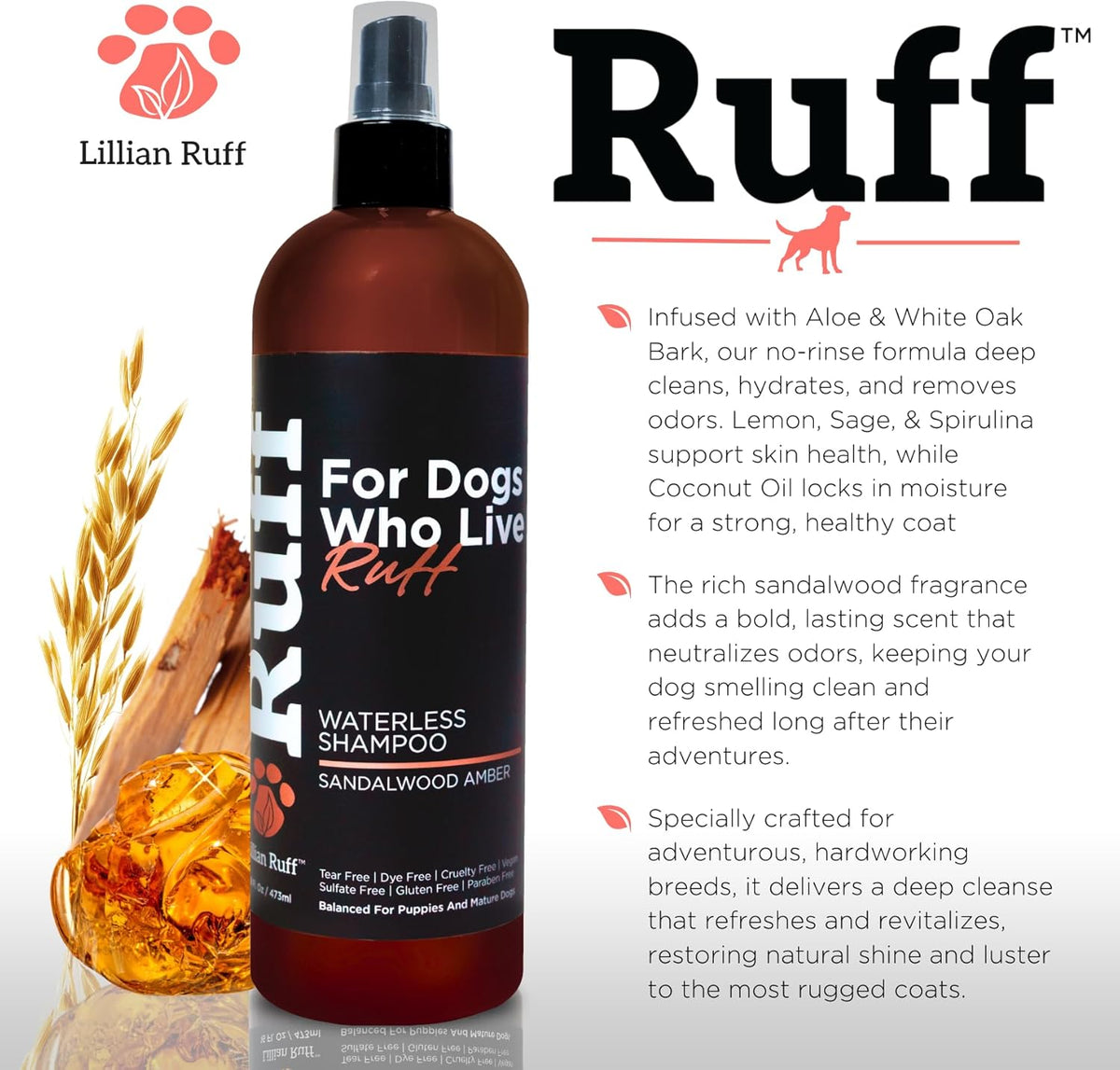Ruff by Lillian Ruff No-Rinse Waterless Dog Shampoo Spray | Sandalwood Amber | Pet Deodorizer | for Cleaning, Conditioning, Detangling & Moisturizing Dogs & Cats | Safe for Puppies | USA Made