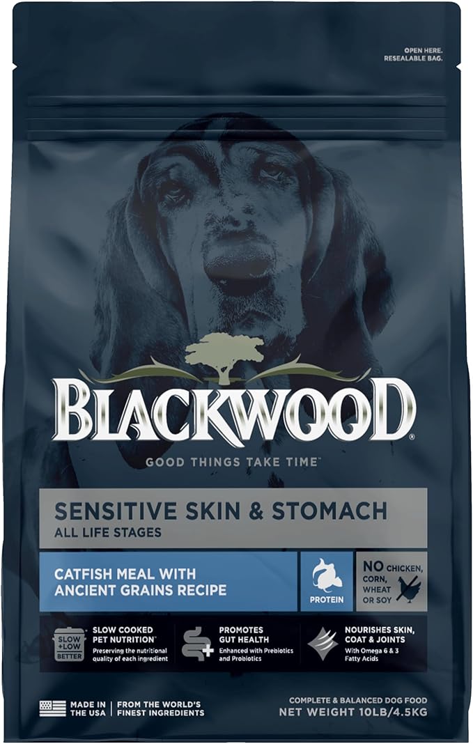 Blackwood Sensitive Skin & Stomach Dry Dog Food, Catfish Meal & Brown Rice with Ancient Grains, 10 Pound Bag with Prebiotics & Probiotics to Promote Gut Health
