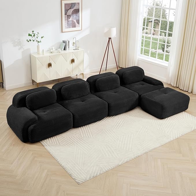 152" Modern Corduroy Cloud Sofa with Ottoman, L Shaped Boneless Modular Large Sectional Couches for Living Room, Black 4 Seater Compressed Memory Foam Couch, Extra Deep Seat, No Assembly