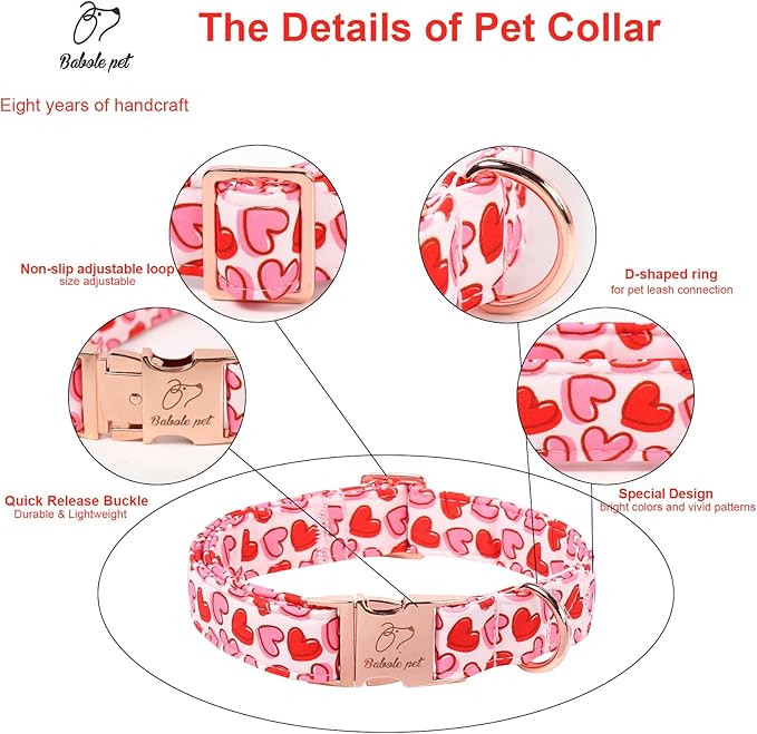 Valentines Dog Collar, Pink Heart Print Girl Dog Collars, Cute Valentine Puppy Collars, Adjustable Heavy Duty Pet Collar for Small Medium Large Dogs with Metal Buckle XS