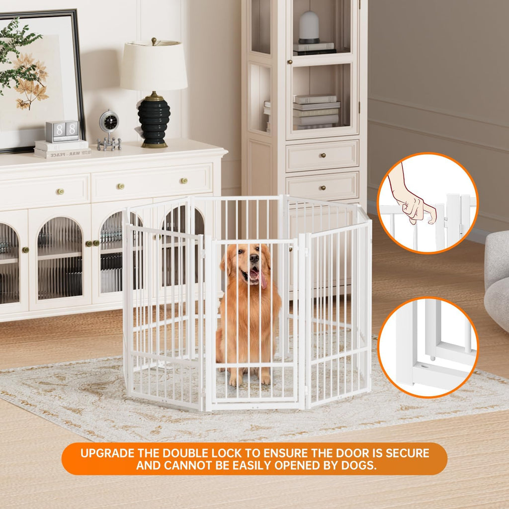Full Metal Freestanding Dog Gate with Door, 36''Height Foldable Pet Dog Fence for Indoor & Outdoor, 8 Panels Extra Wide Free Standing TallDog Gates for Doorways,House,Stairs,Porch,Deck,Yard