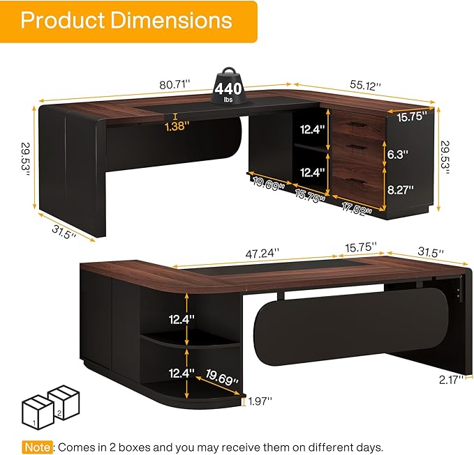 Tribesigns 80'' L-Shaped Desk, Large Executive Office Desk with 55'' Drawers Cabinet, Modern Computer Table with Storage Shelves, Business Furniture for Home Office, Walnut & Black